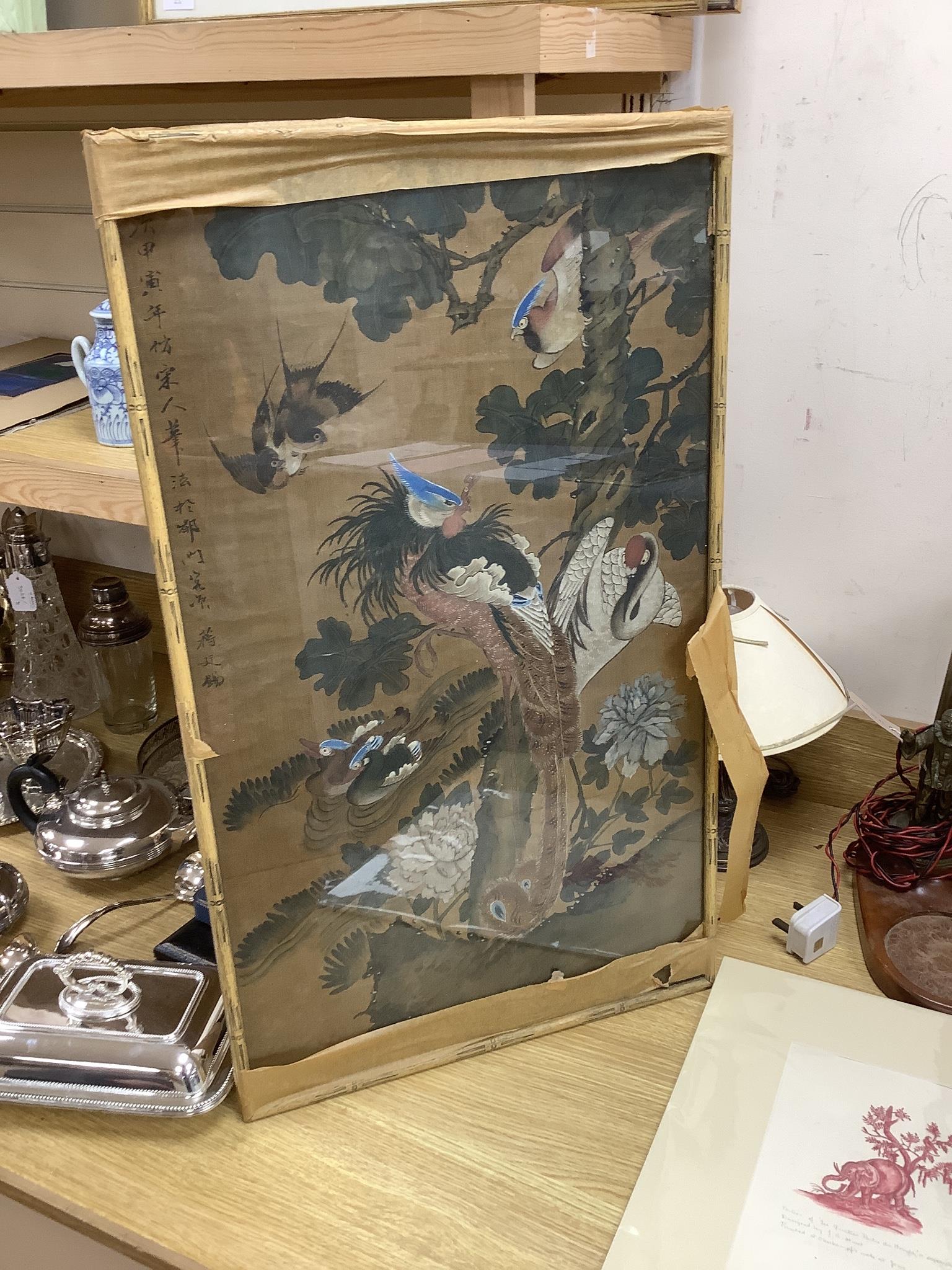 Japanese School, 19th century, painting on silk of birds amid foliage, height 76cm, width 44.5cm.